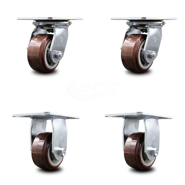 4 Inch Polyurethane Caster Set with Ball Bearings 2 Swivel 2 Rigid SCC